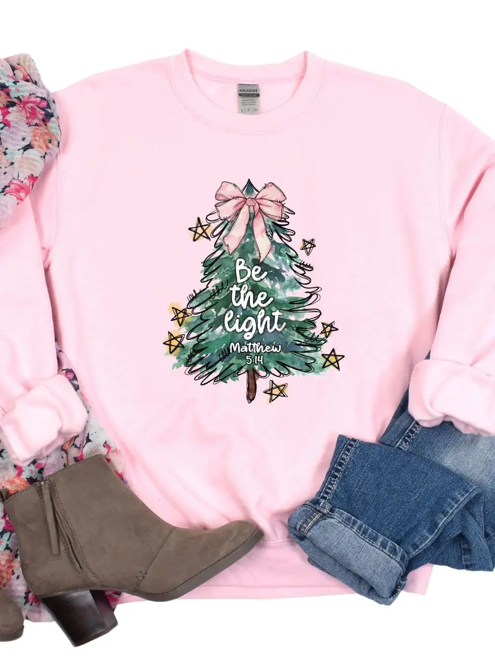 Be the Light  Christmas Tree Heavy Blend Unisex Crewneck Graphic Sweatshirt