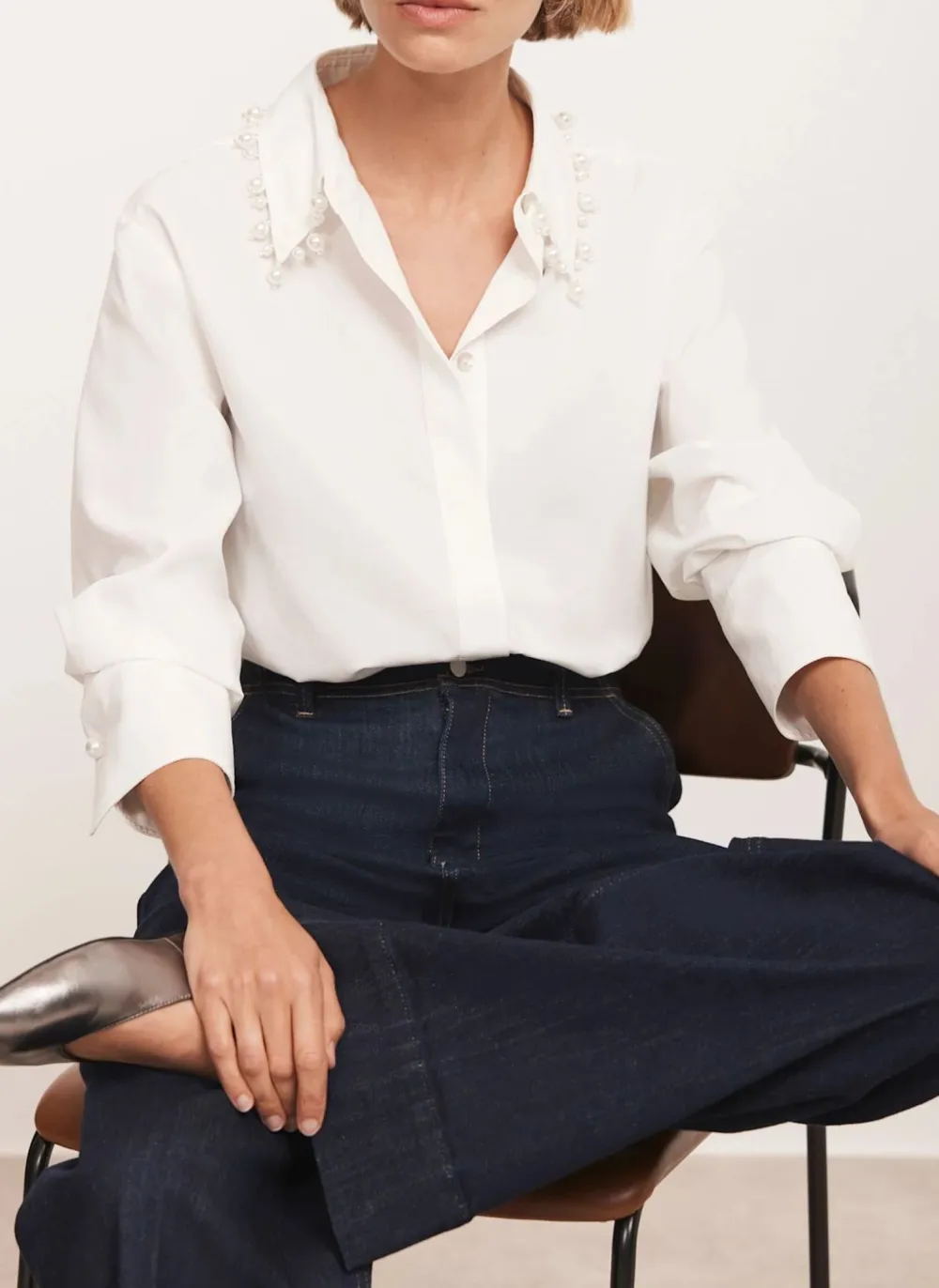 Casual Style Cotton Blend Pearl Collar Shirt