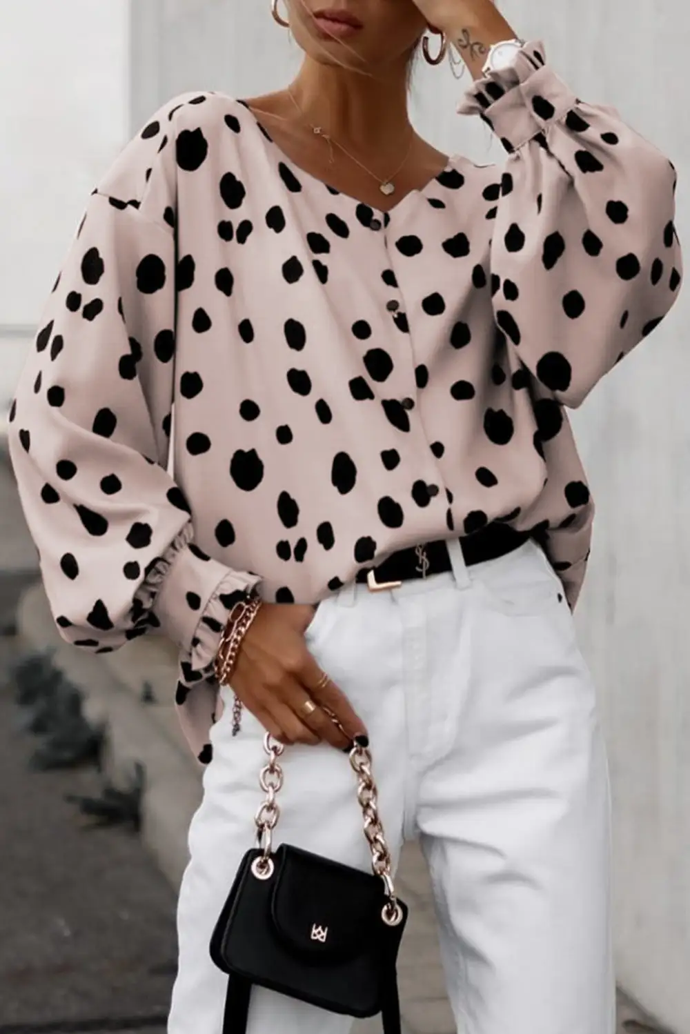 Frill Detail Puff Sleeve Button Front Blouse