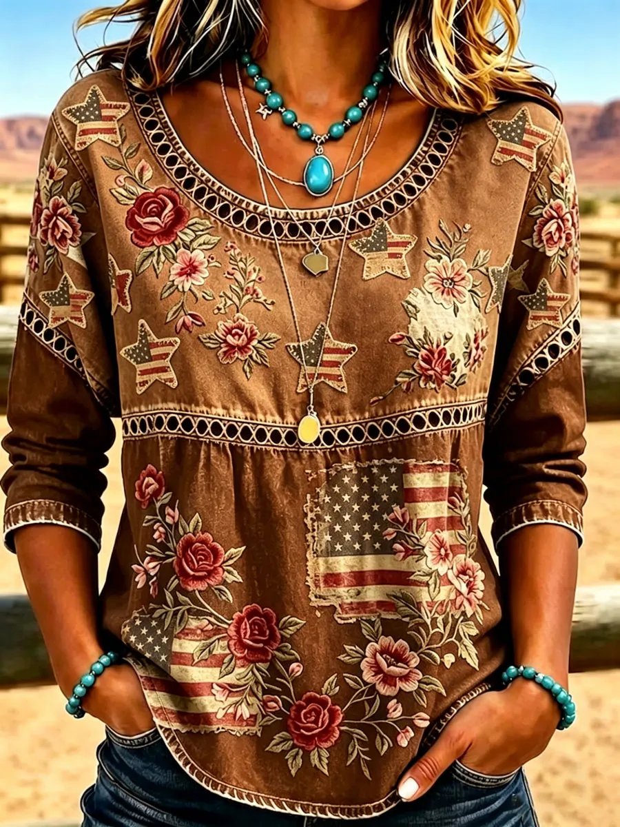 Women's Casual Round-Neck Printed Cotton-Linen Top
