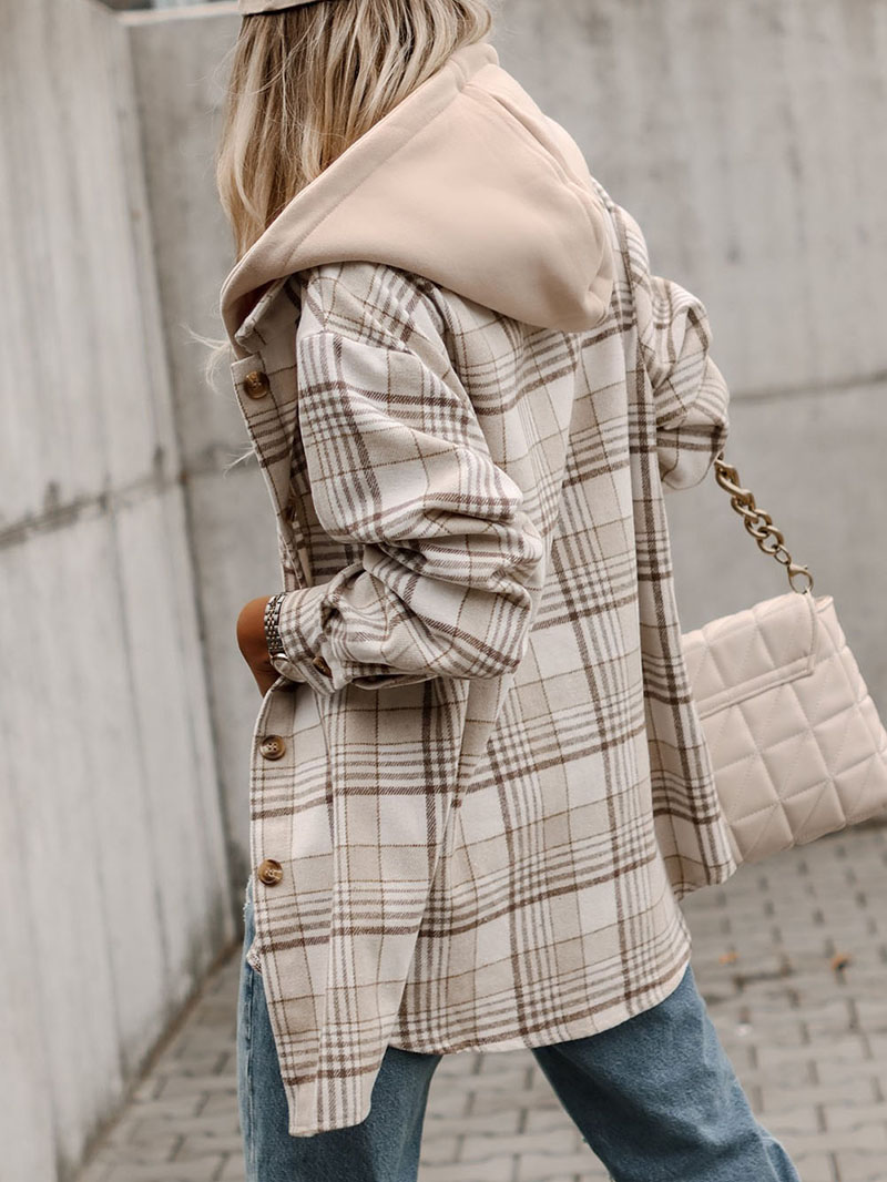 Khaki Plaid Removable Hood Buttoned Shacket