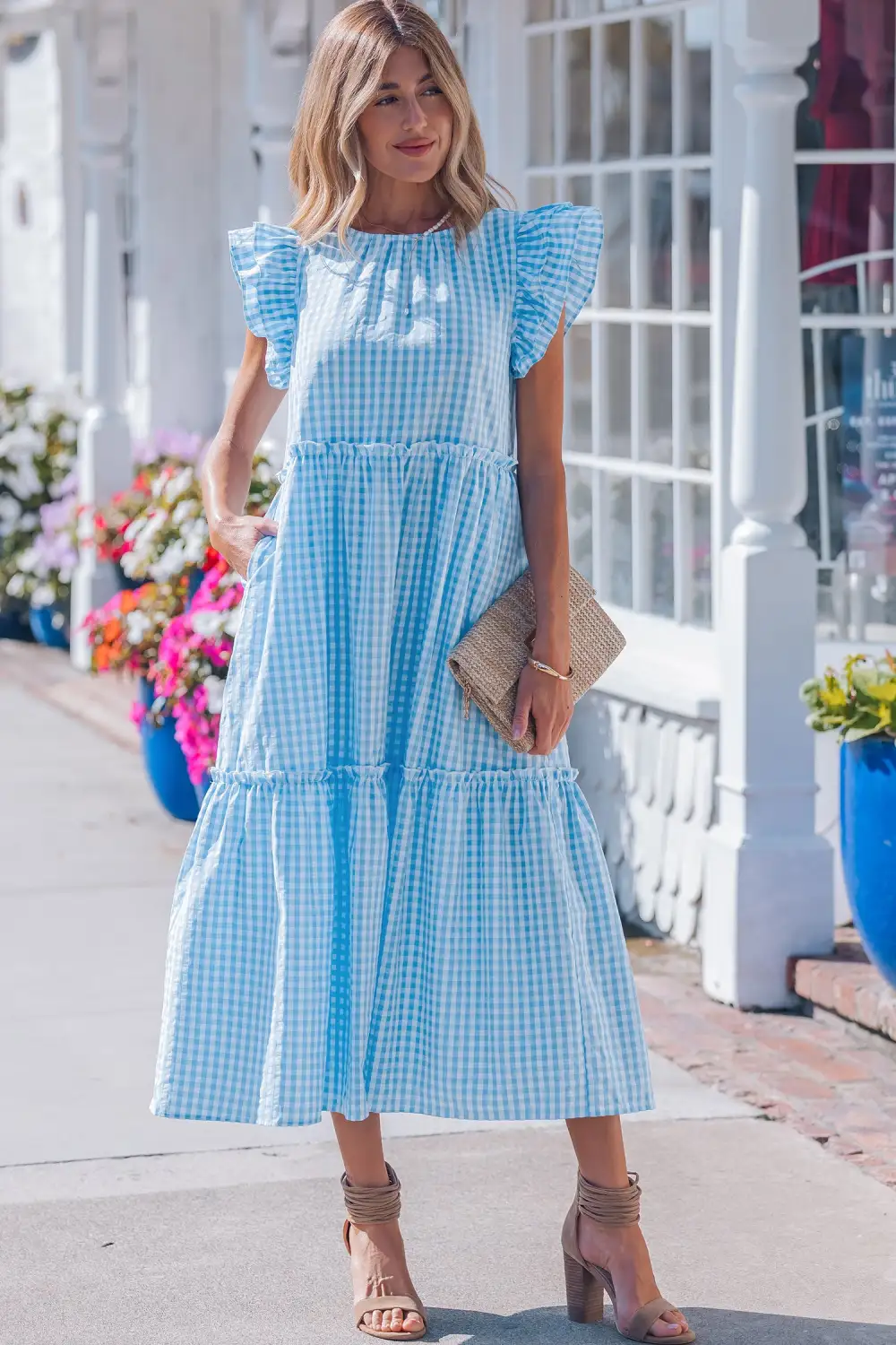 Structured Shape Plaid Ruffle Short Sleeve Maxi Dress