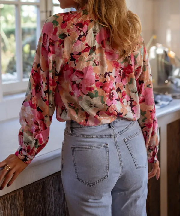 Floral Ruffle Sleeve Button Front Blouse