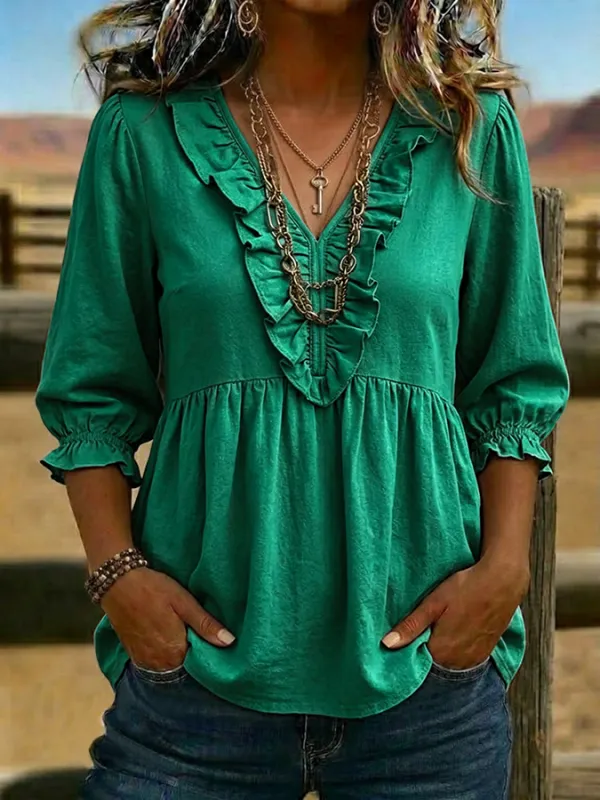 Women's Vintage Ruffled Casual Shirt