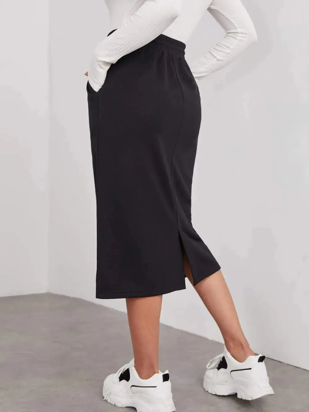 Drawstring Side Slit Midi Skirt