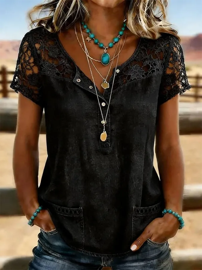 Women's Vintage Print Casual Hollow-Out Denim Shirt
