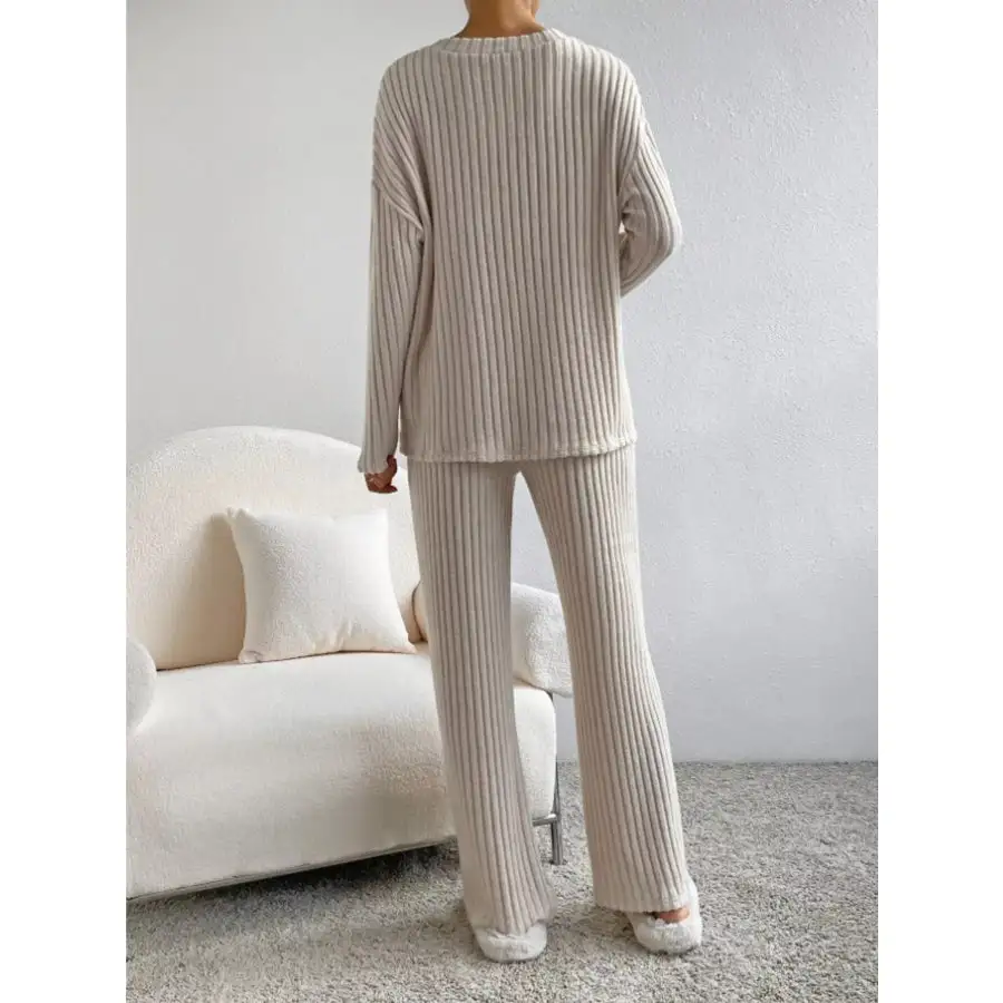 Ribbed Knit Long Sleeve Top and Pants Set