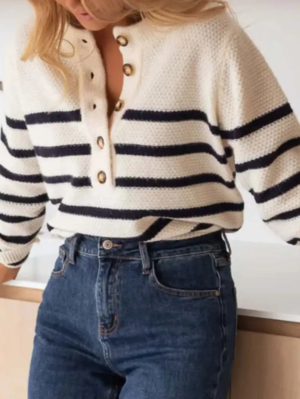 Button Front Stripe Sweater