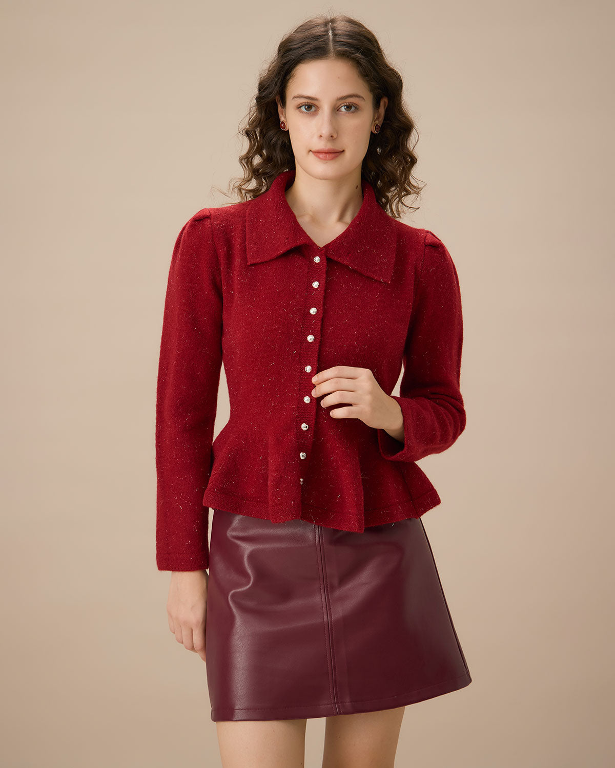 Red Collared Single-breasted Ruffle Cardigan