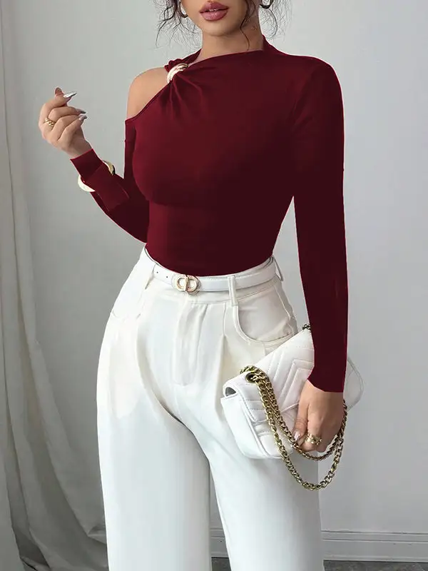 Long Sleeve Slim Fit Asymmetric Neckline T-Shirt