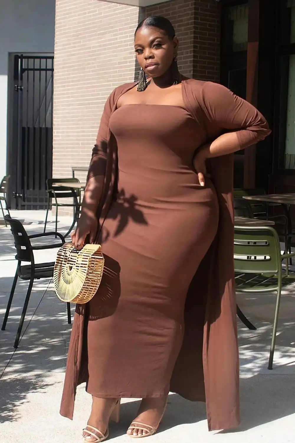Satisfied Ribbed Maxi Dress Set - Brown