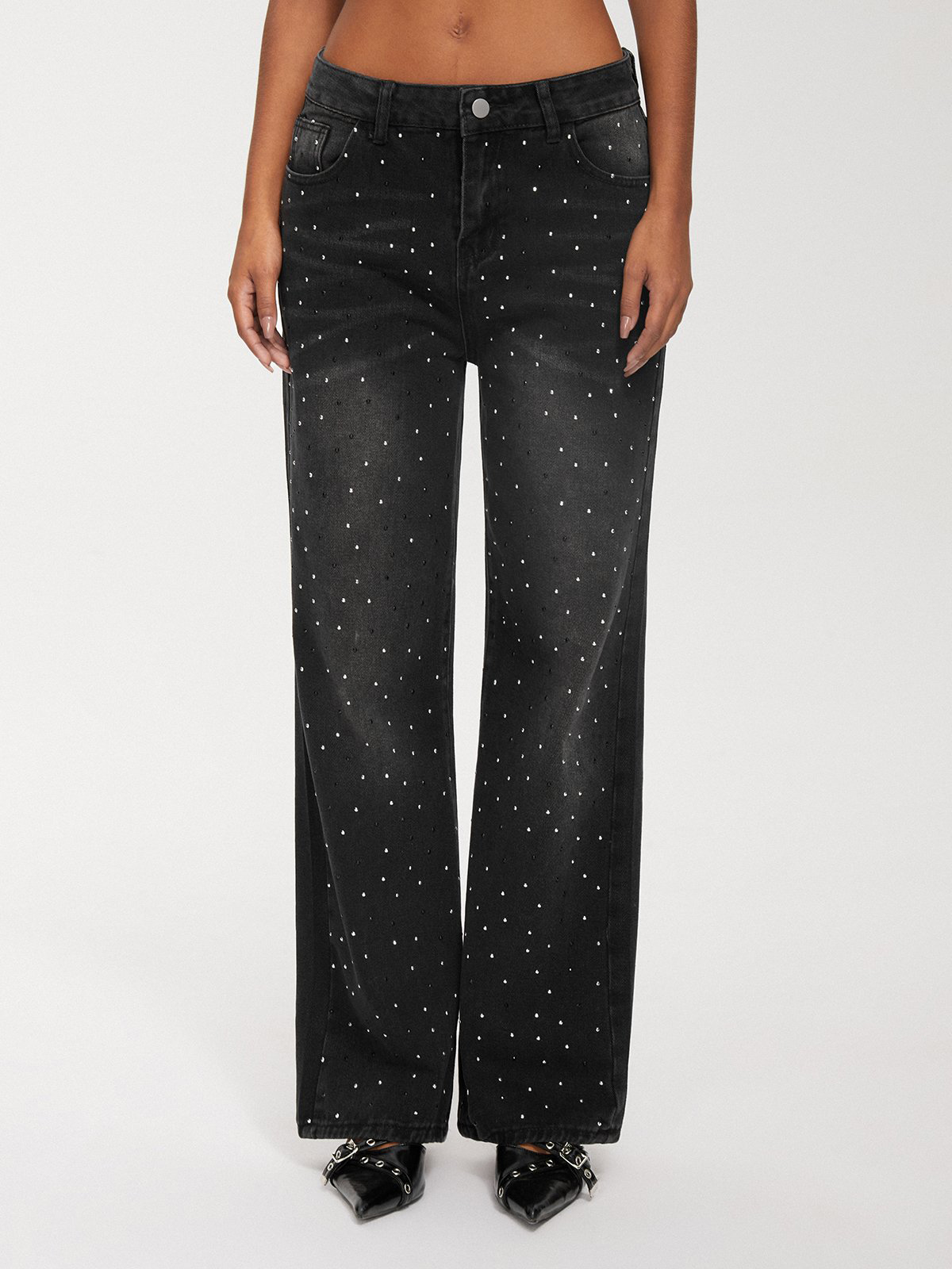 Rhinestone Denim Plain Wide Leg Pants Jeans