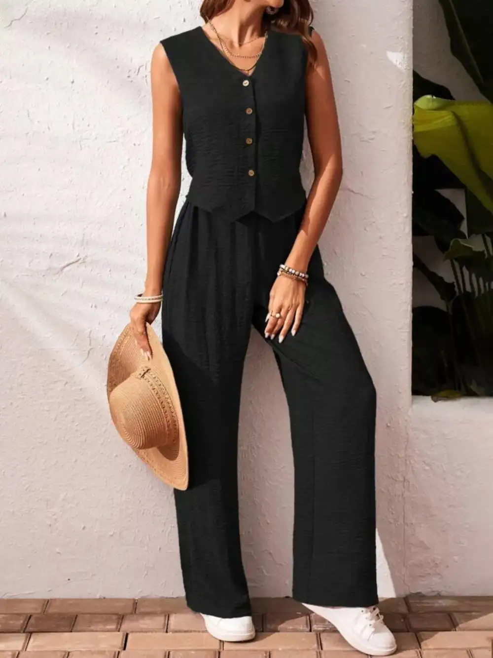 Button Front Wide Leg Jumpsuit