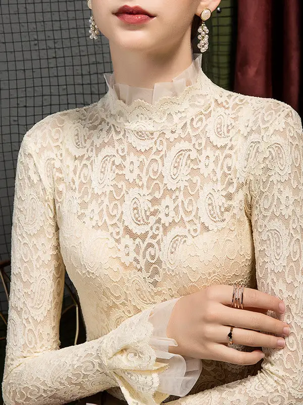 Flared Sleeve Long Sleeve Sheer Panel Detail Mock Neck T-Shirt