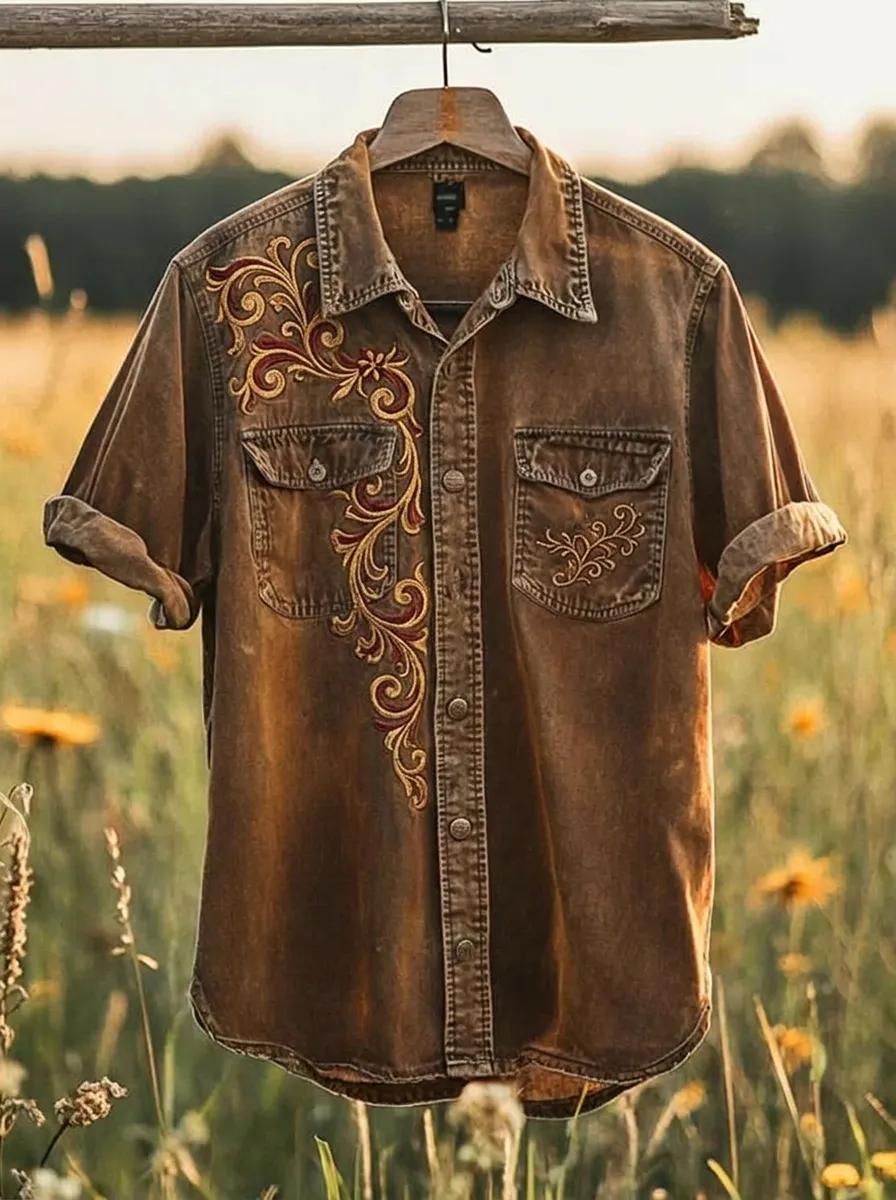 Men's Western Style Floral Embroidery Printed Shirt-3