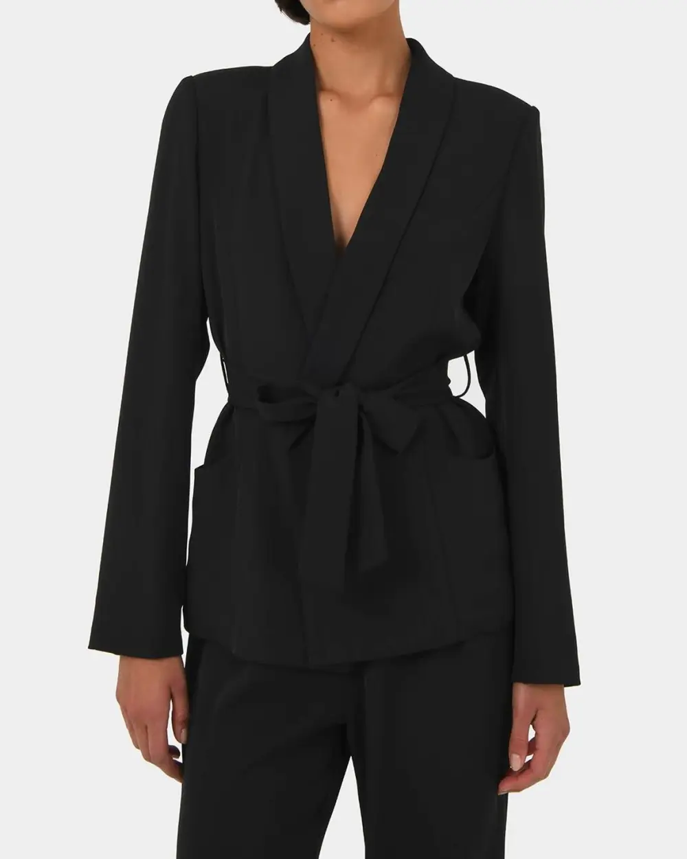 Shawl Lapel Collar Belted Blazer -Black