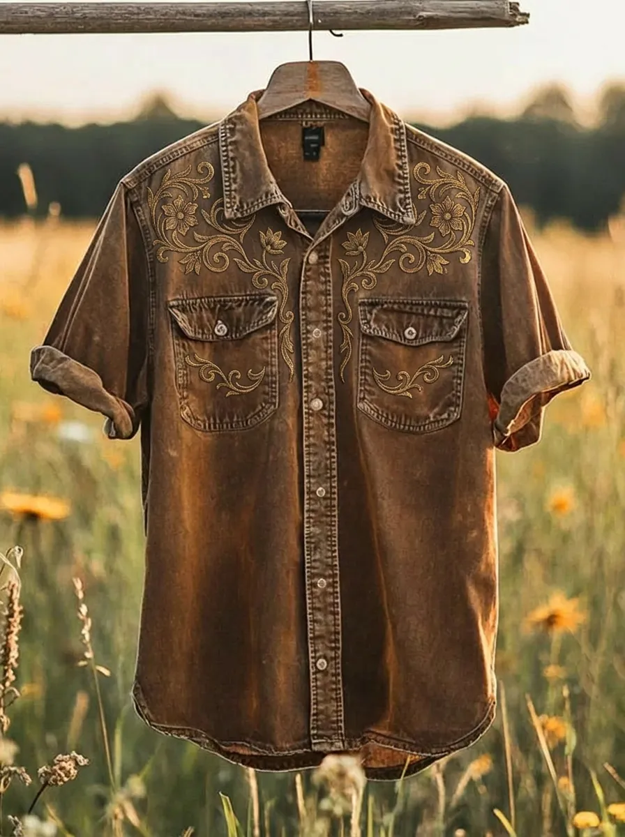 Men's Western Style Floral Embroidery Printed Shirt-4