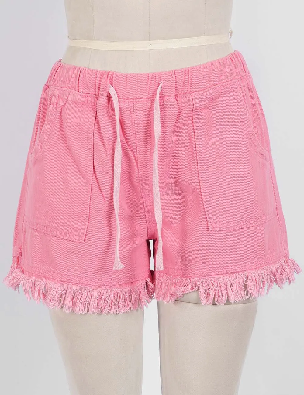 Solid Color Drawstring Waist Frayed Hem Denim Shorts