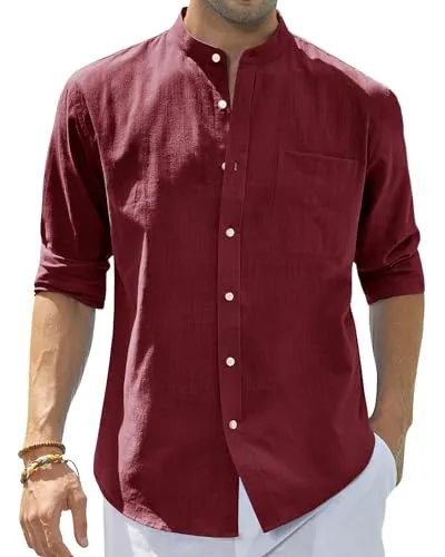 Men's Cotton Linen Long Sleeve Shirts Casual Button Down Banded Collar Shirt Beach Summer Tops with Pocket