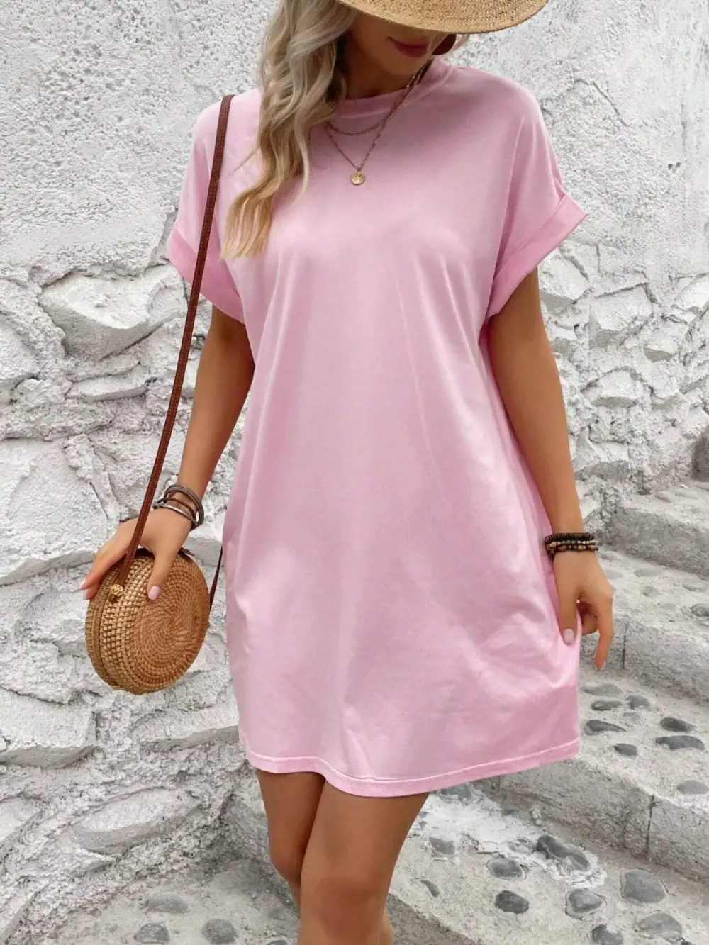 Relaxed Round Neck Short Sleeve Mini Dress