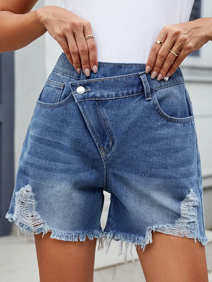 High Waisted Buttoned Pockets Ripped Solid Color Tasseled