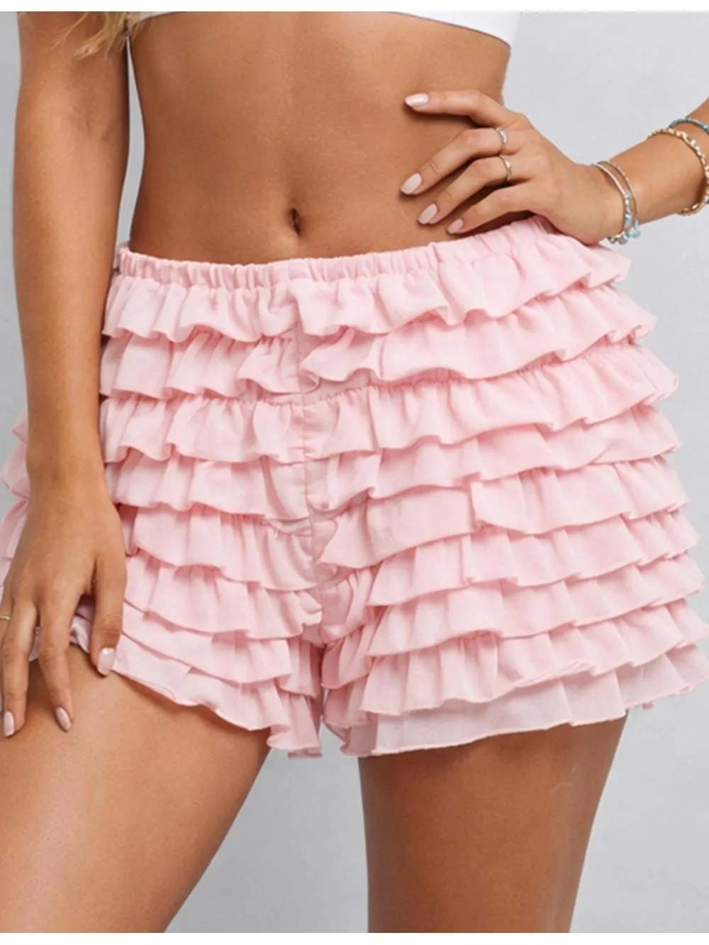 Tiered Ruffle Solid Color Elastic Waist Mini Shorts