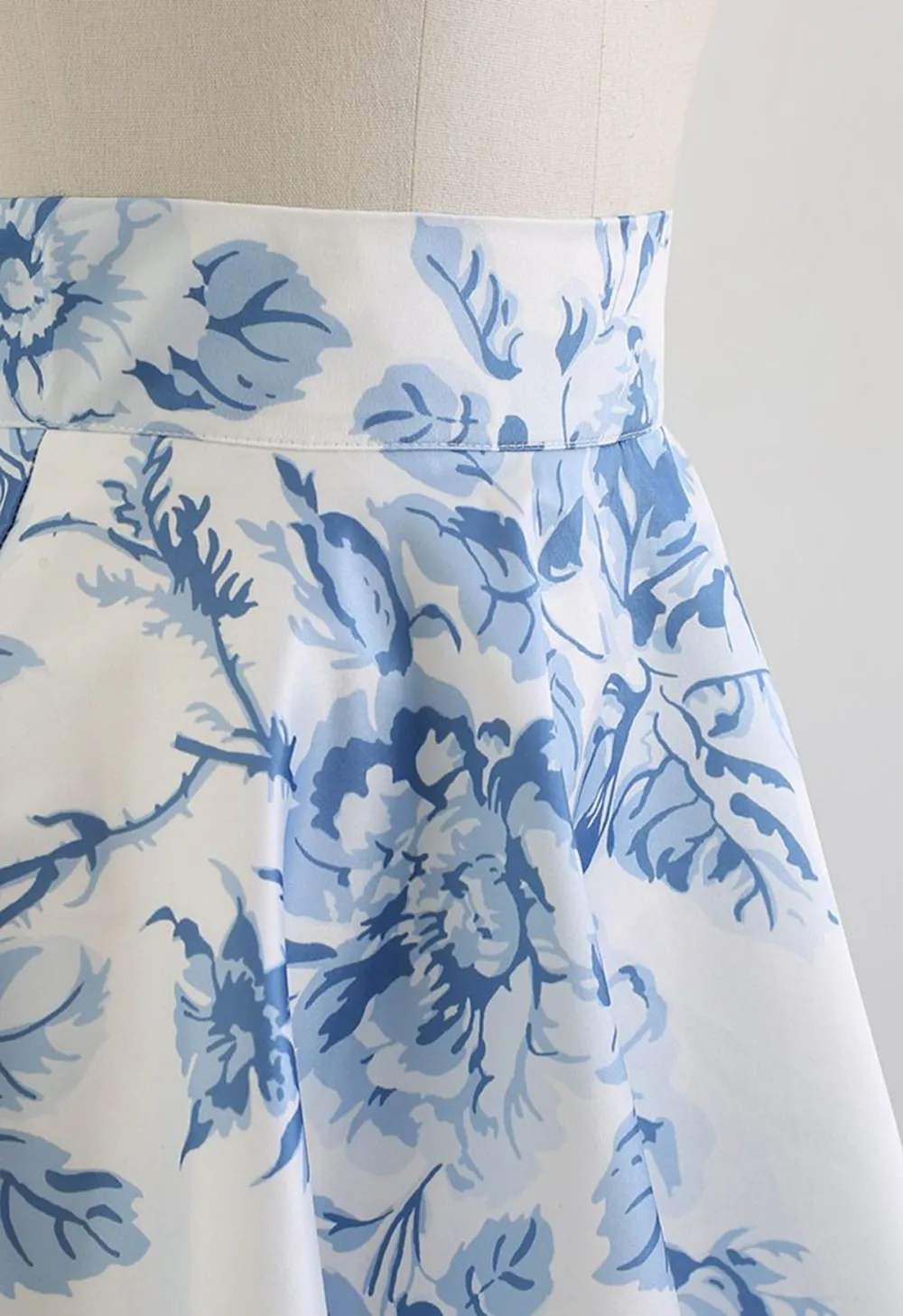 BLUE WATERCOLOR PEONY FLARE MIDI SKIRT