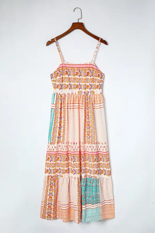Boho Patchwork Print Square Neck Dress