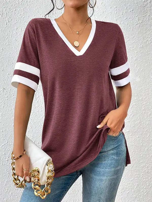 Relaxed Short Sleeve Panel Detail Side Slit Stripe V-Neck T-Shirt