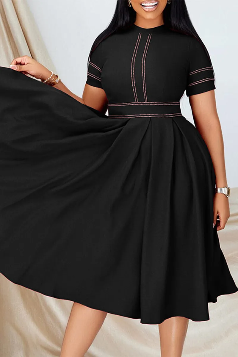 Plus Size Royal Blue Casual High Waist Pleated Round Neck Midi Dresses