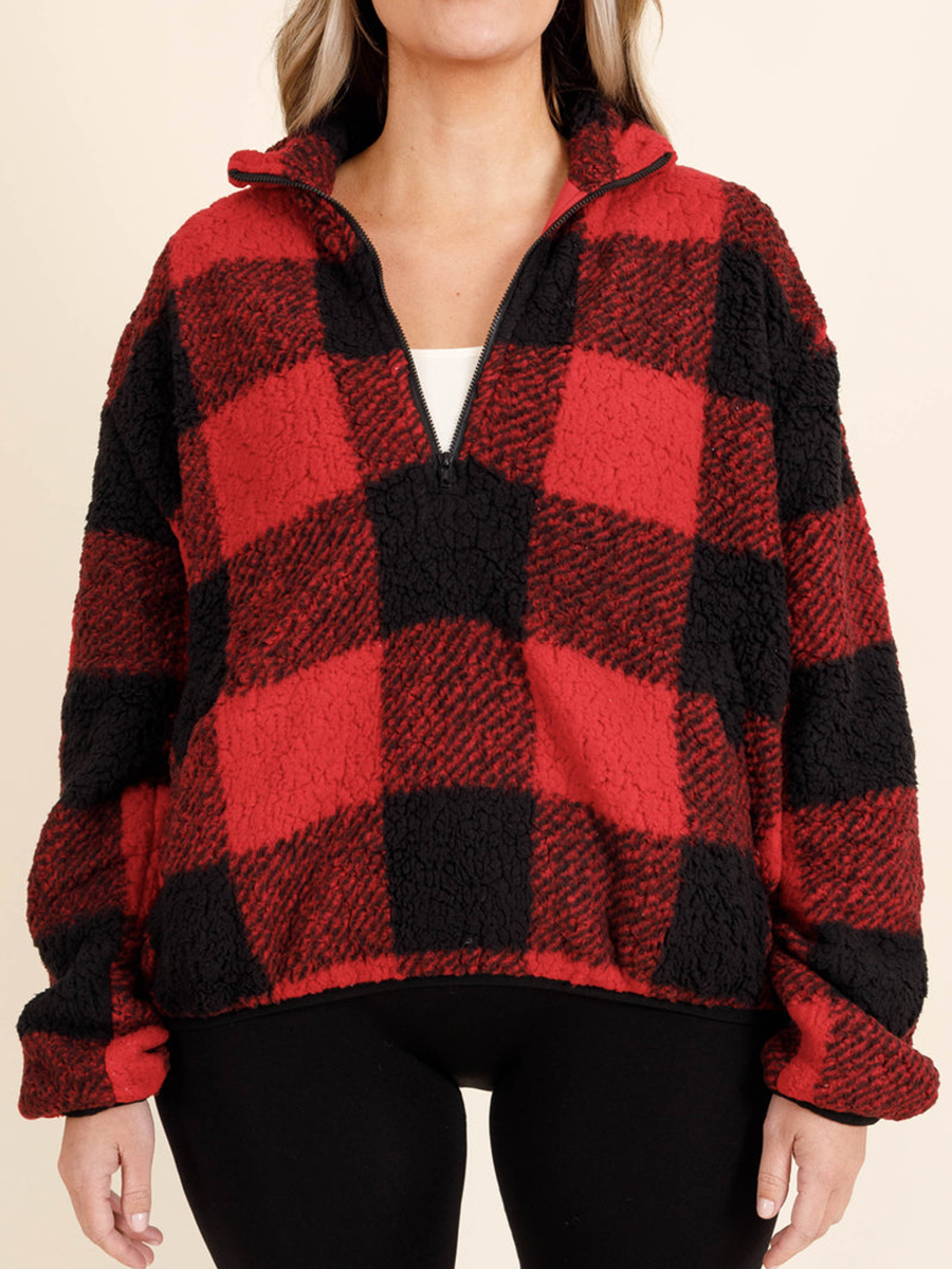 Red plaid zippered pocket hoodie