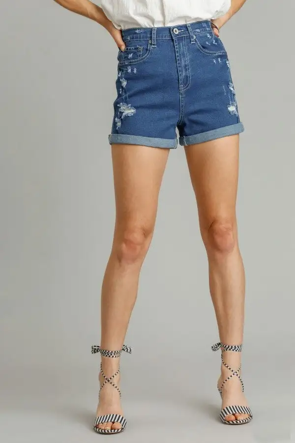 Umgee 5 Pockets Distressed Detail Stretch Denim Shorts with Folded Hem FINAL SALE