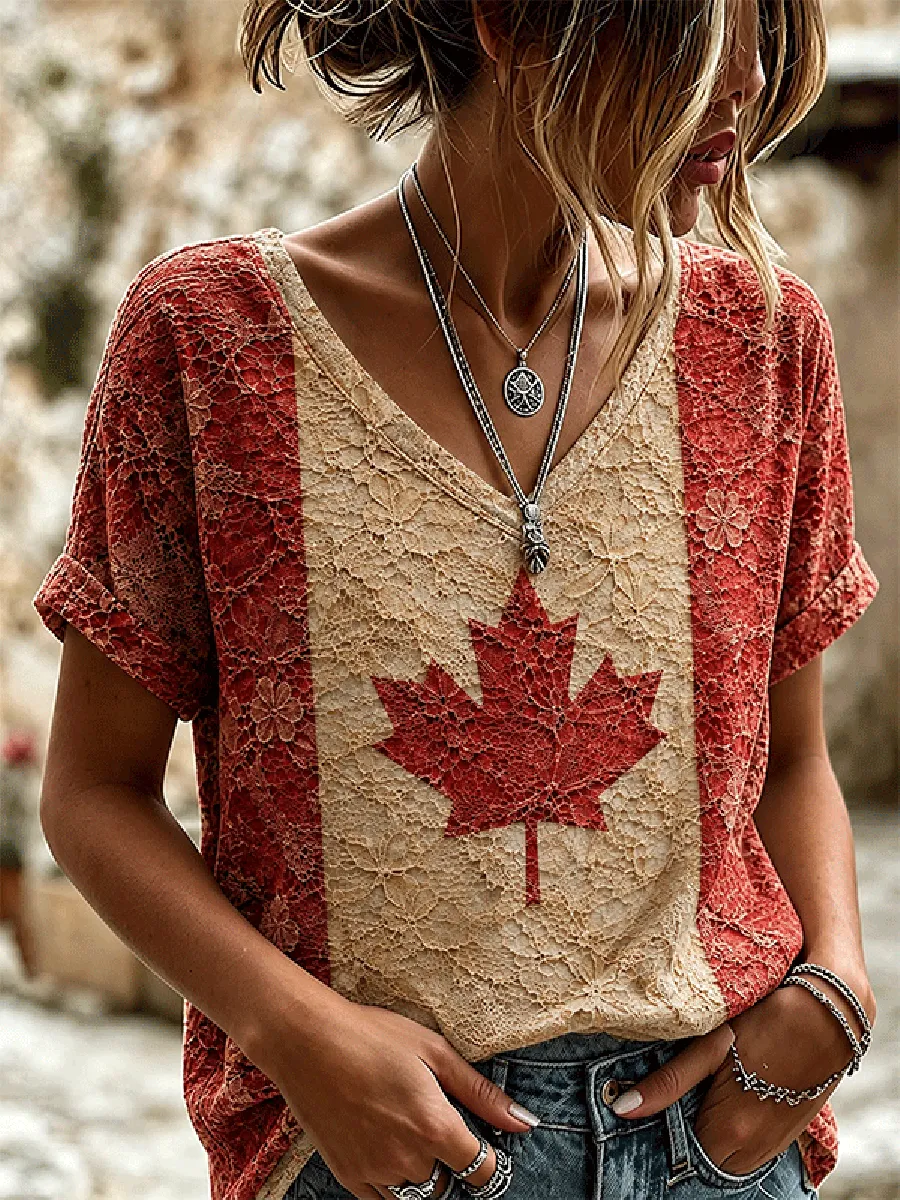 Women's Canada Flag Maple Leaf Lace V-Neck Short Sleeve Top