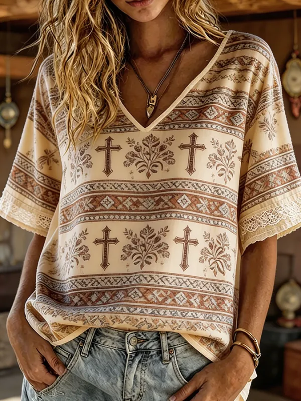 Women's Cross Aztec Print Boho Western V-Neck Blouse