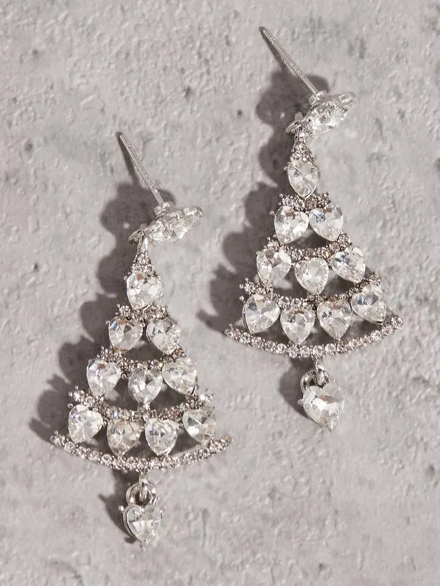 Banquet Party Silver Diamond Heart Earrings Christmas Tree Pattern Jewelry