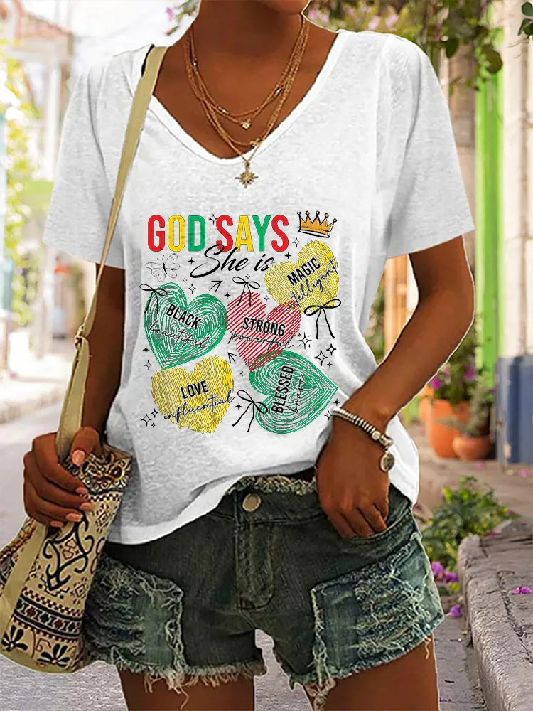 Women's God Says Black Strong Magic Love Blessed V-Neck Short-Sleeved T-Shirt