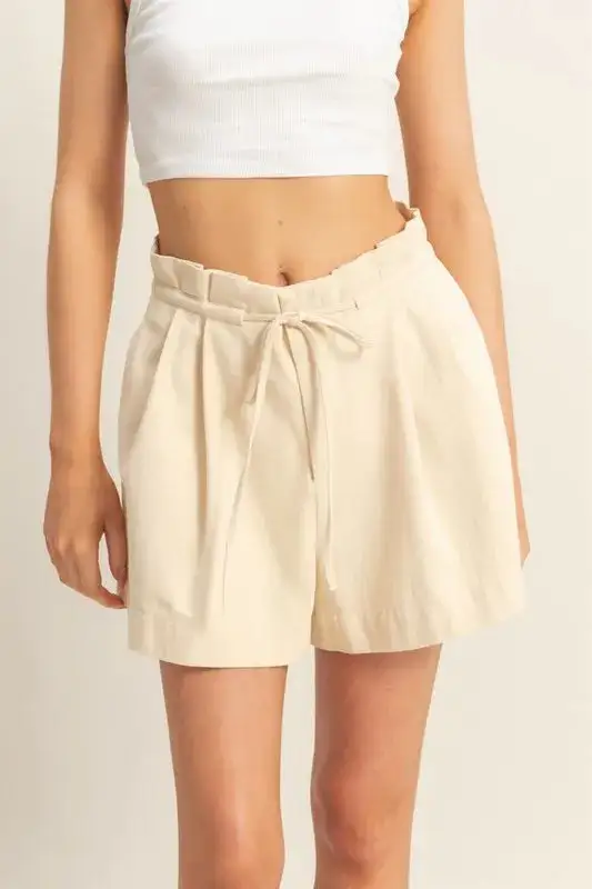 High Waisted Washed Twill Paperbag Shorts