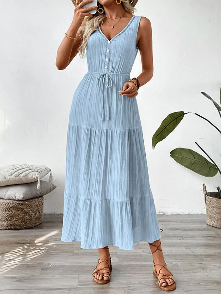 Waisted Pleated Buttoned Neck Maxi Dress