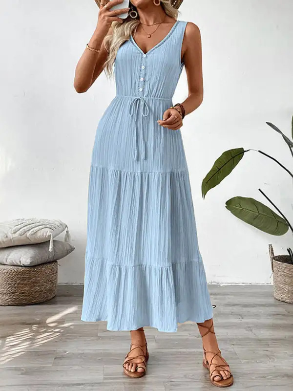 Waisted Pleated Buttoned Neck Maxi Dress