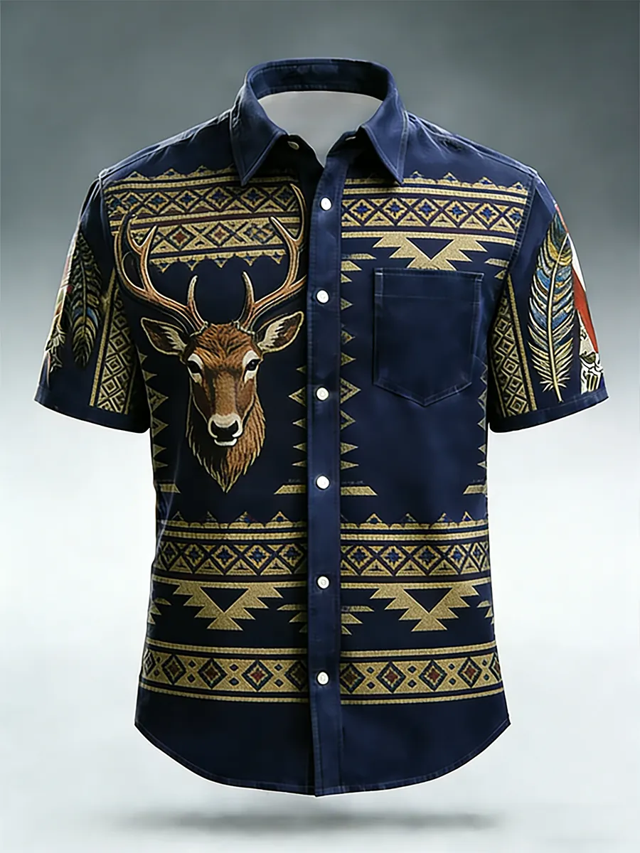 Men's Deer Head & Aztec Geometric Print Short Sleeve Shirt