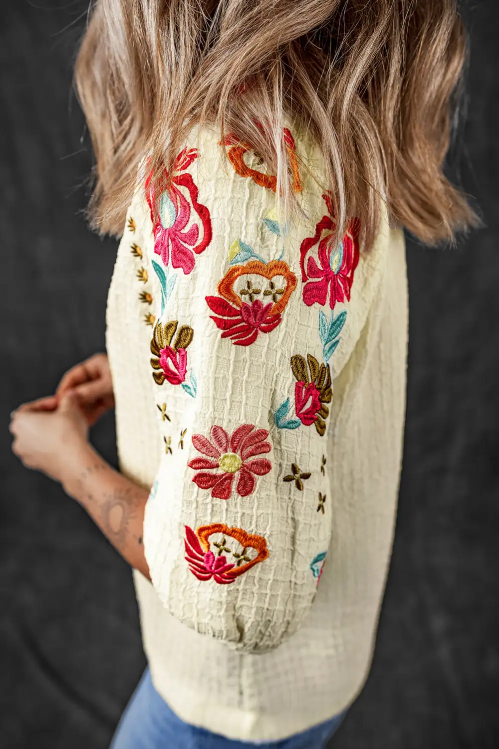 Softly Styled Floral Embroidered Textured Blouse
