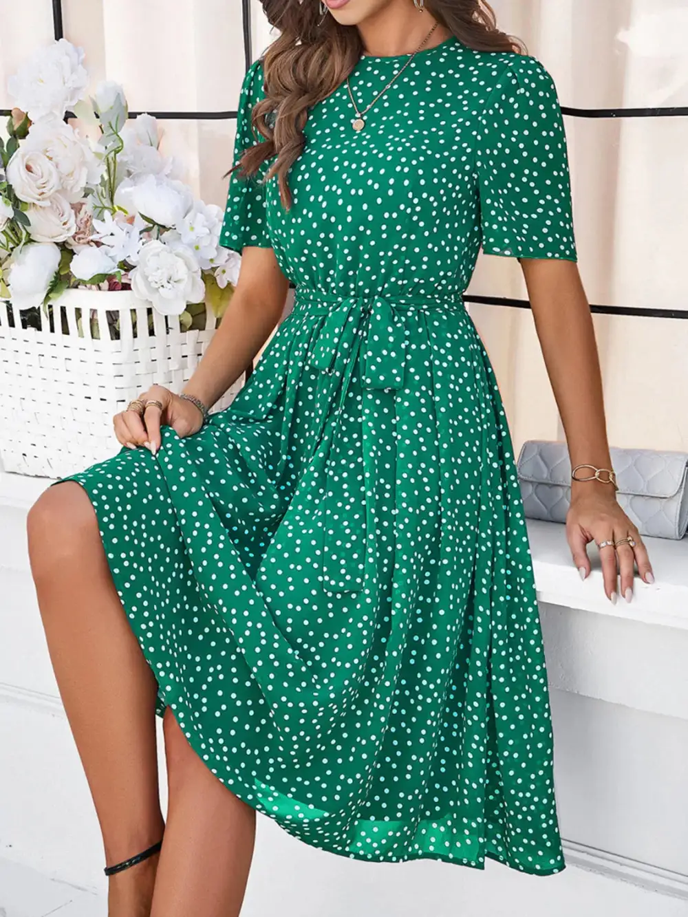 Printed Round Neck Short Sleeve Casual Dress