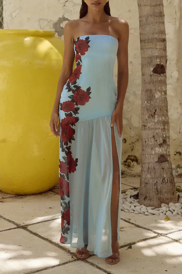 Red Rose Print Slit Maxi Dress