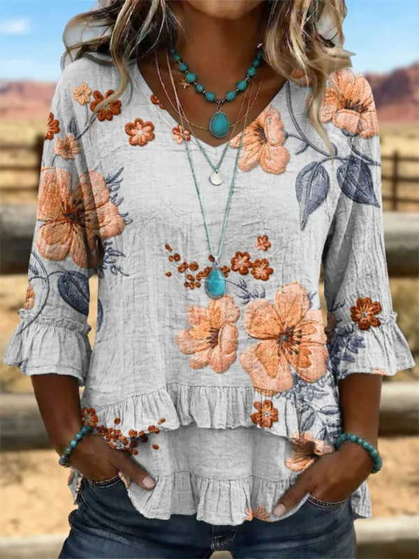 Vintage Art Patchwork Irregular Ruffles Shirt