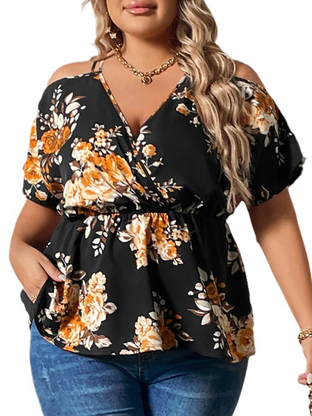 Large Size Tops V Neck Off Shoulder Waist Short Sleeves For Women