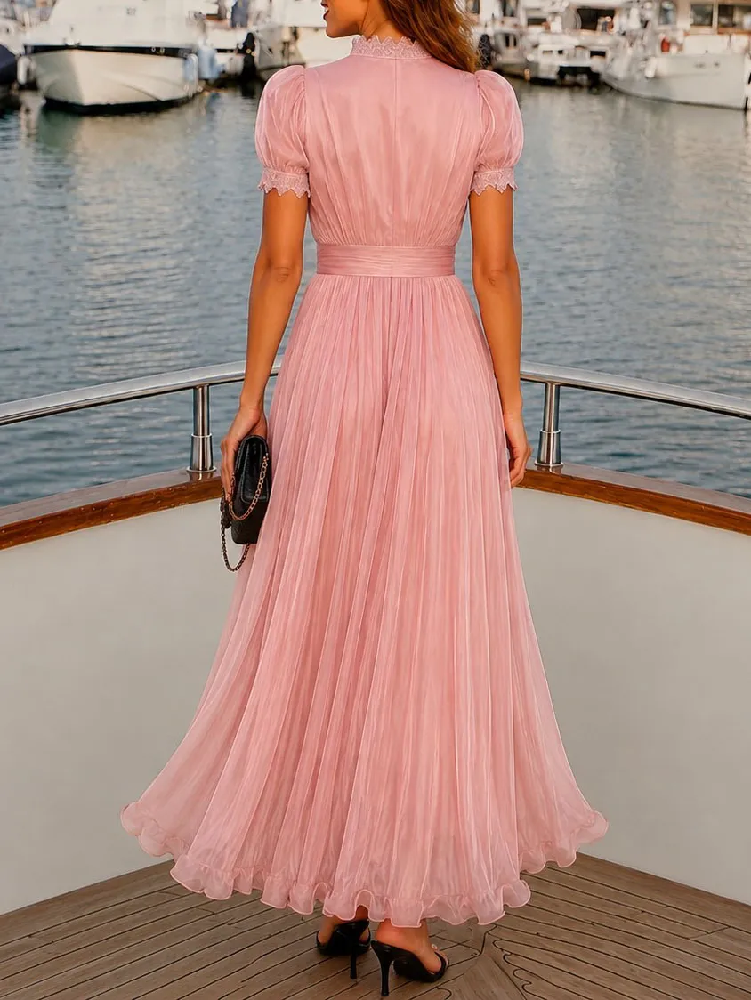 Lace Trim Pleated Chiffon Maxi Dress