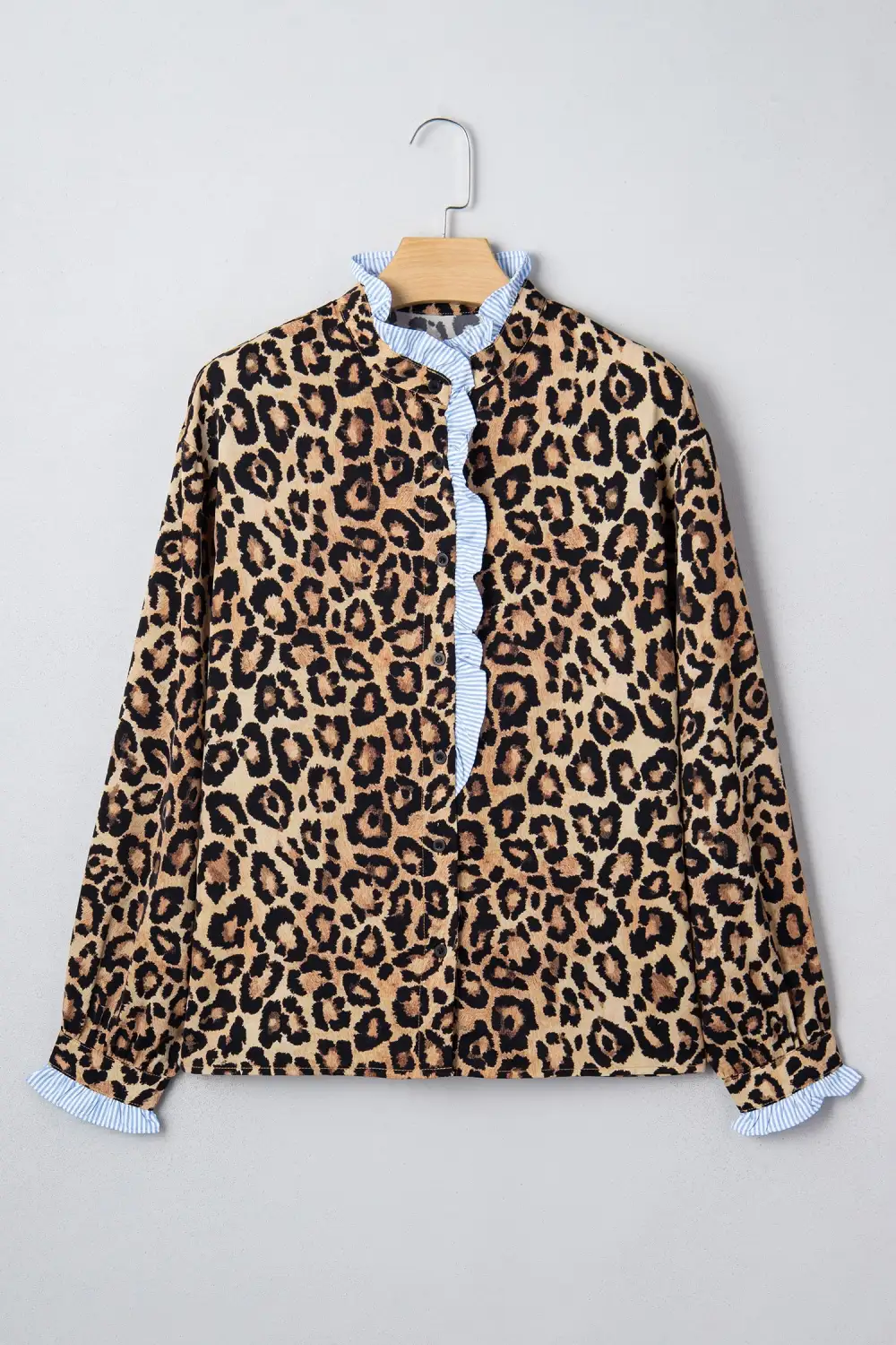 Striped Leopard Print Frilled Shirt Blouse