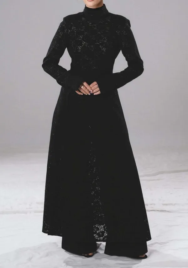 Elegant High Neck Lace Slit Midi Dress