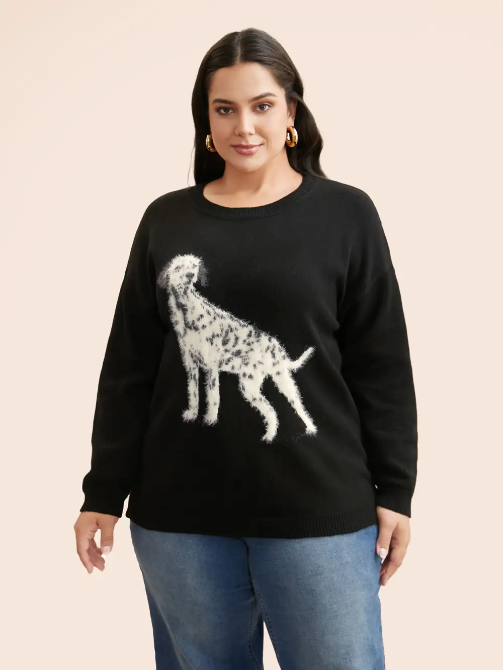 Dog Jacquard Fluffy Drop Shoulder Pullover