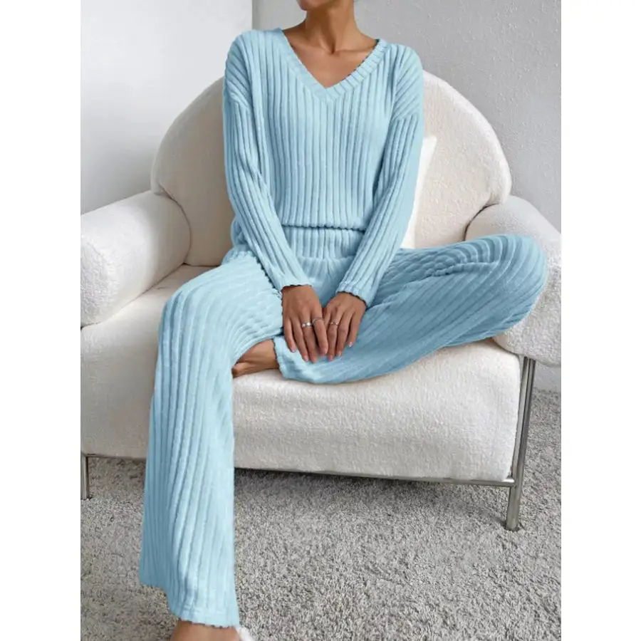 Ribbed Knit Long Sleeve Top and Pants Set